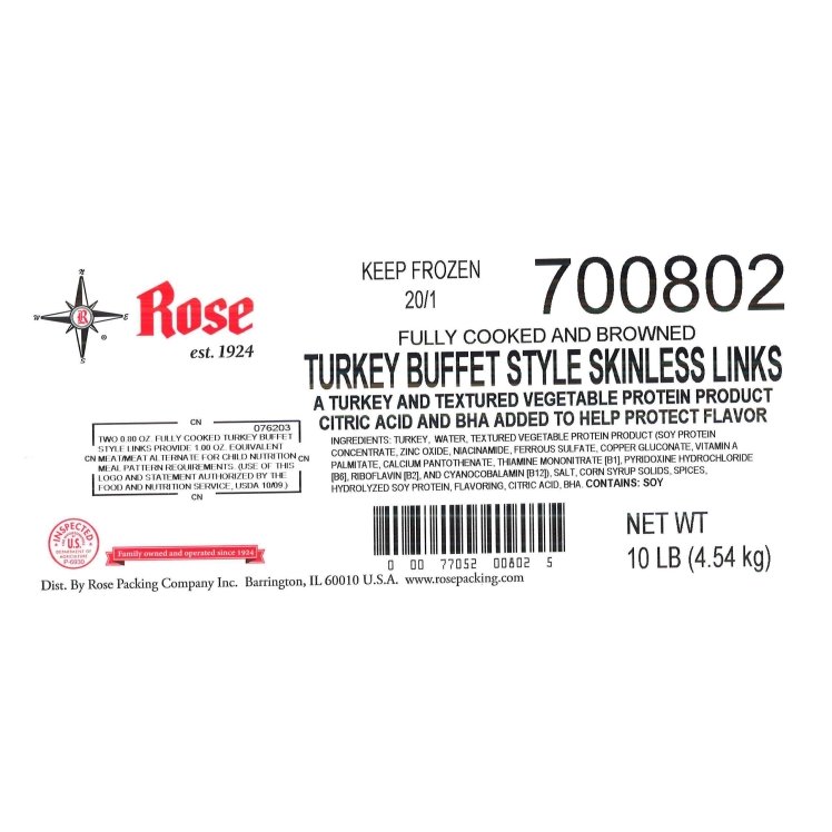 ROSE TURKEY SAUSAGE LINKS COOKED 0.8 OZ SKINLESS 700813
