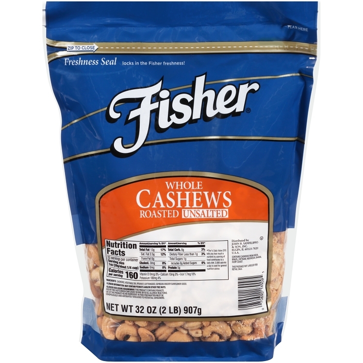 FISHER CASHEWS WHOLE ROASTED UNSALTED