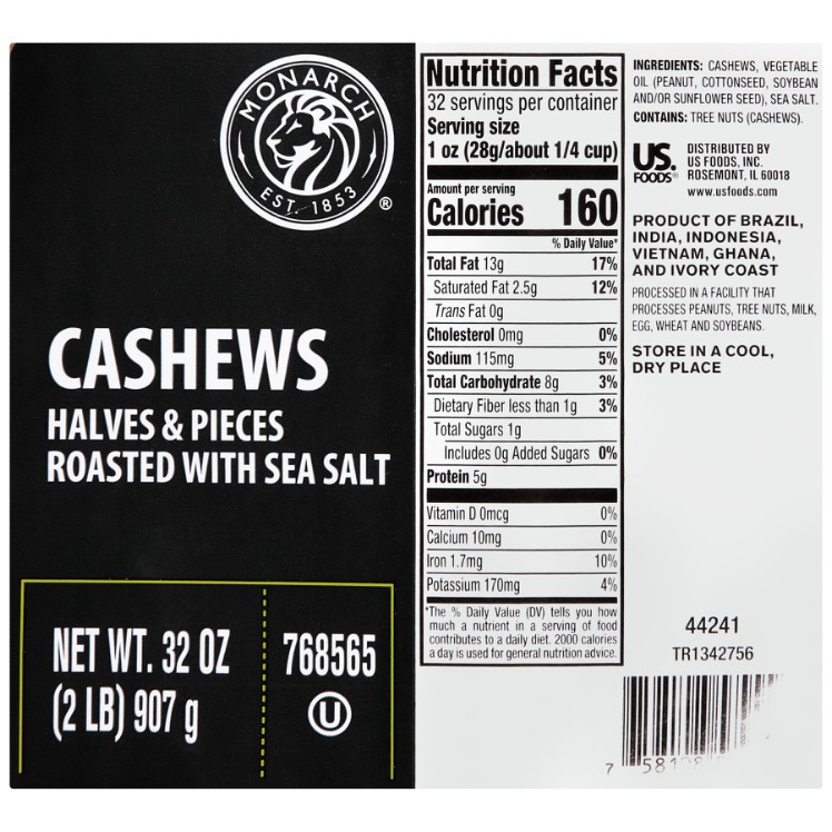 MONARCH ROASTED SALTED CASHEW HALVES & PIECES