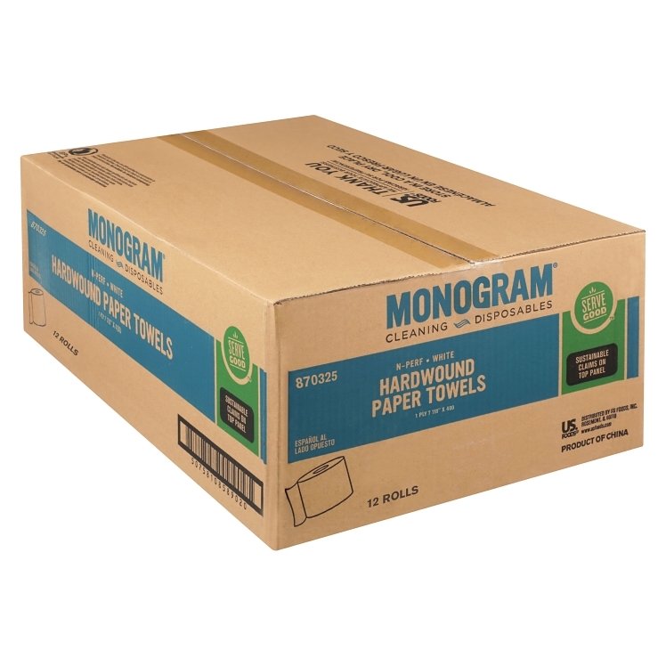 MONOGRAM 7.87 X 400' DISPOSABLE WHITE HARDWOUND PAPER TOWELS ROLL