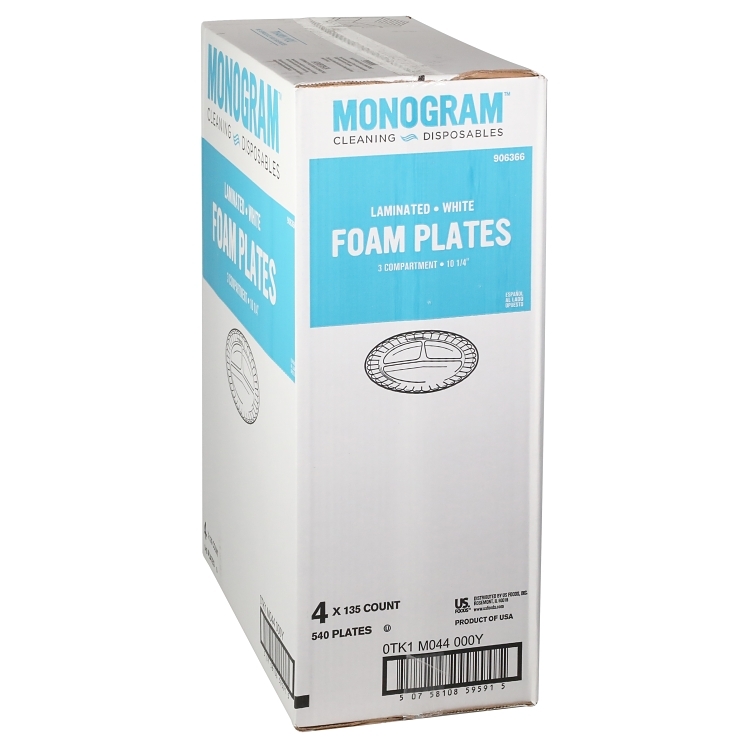 MONOGRAM 3 COMPARTMENT WHITE FOAM PLATES 10.15 IN
