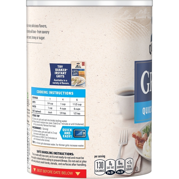 QUAKER GRITS, WHITE CORN QUICK CONTAINER