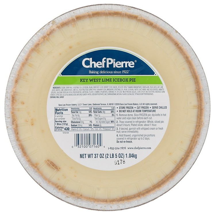 CHEF PIERRE KEY LIME ICE BOX PIE  10 INCHES UNSLICED THAW AND SERVE