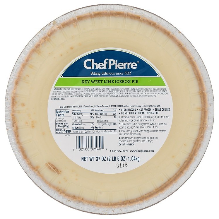 CHEF PIERRE KEY LIME ICE BOX PIE  10 INCHES UNSLICED THAW AND SERVE