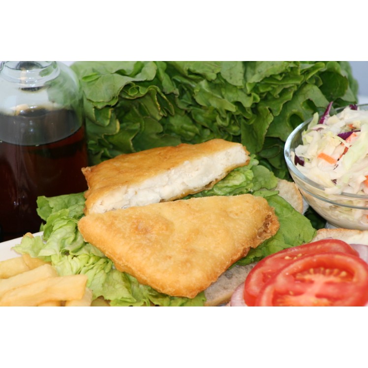 COUNTRY COMFORT FOODS DOCKSIDE SEAFOOD BEER BATTERED HALIBUT SANDWICH