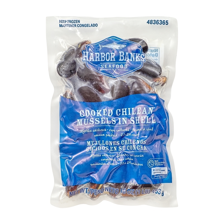 HARBOR BANKS BLUE MUSSELS IN SHELL COOKED IQF 23-29 COUNT