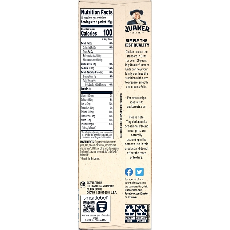 QUAKER INSTANT WHITE CORN GRITS PACKET SHELF STABLE