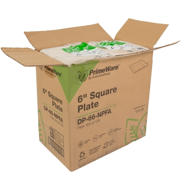PRIMEWARE MOLDED FIBER SQUARE PLATE 6.25 INCH PFAS FREE