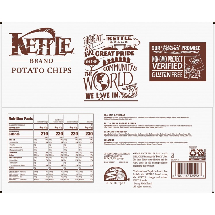 KETTLE POTATO CHIPS, VARIETY PACK, 30 CT SNACK BAGS, 1.5 OZ
