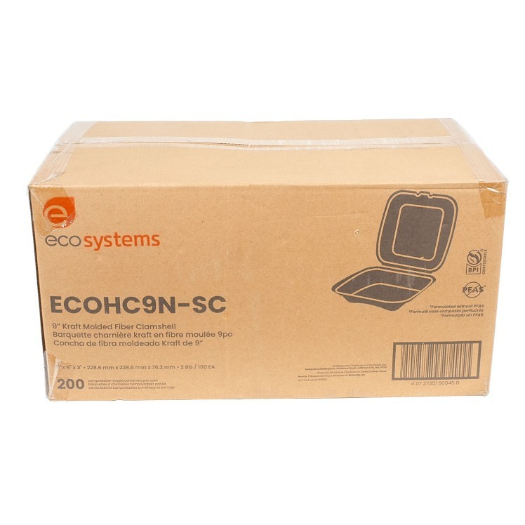 ECOSYSTEMS 9X9 1 CPMT KRAFT MOLDED FIBER HINGED CONTAINER