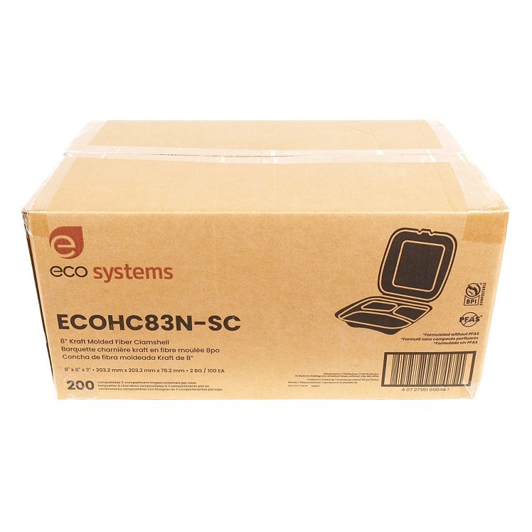 ECOSYSTEMS 8X8 3 CPMT KRAFT MOLDED FIBER HINGED CONTAINER