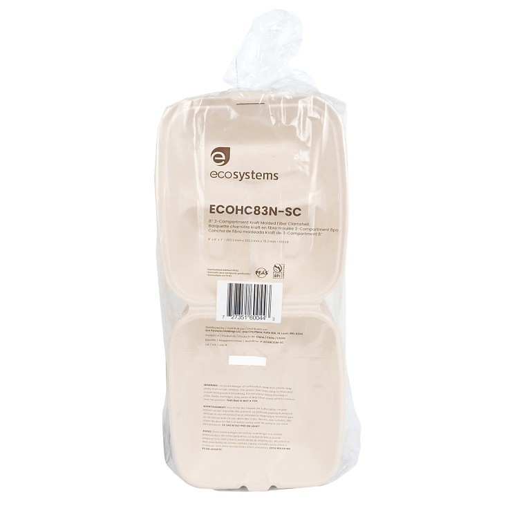 ECOSYSTEMS 8X8 3 CPMT KRAFT MOLDED FIBER HINGED CONTAINER