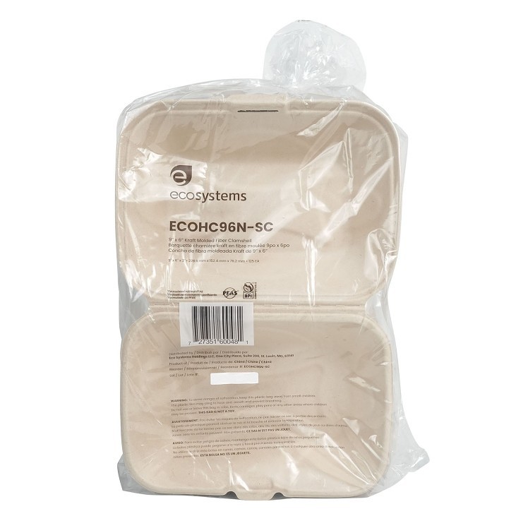 ECOSYSTEMS 9X6 1 CPMT KRAFT MOLDED FIBER HINGED CONTAINER