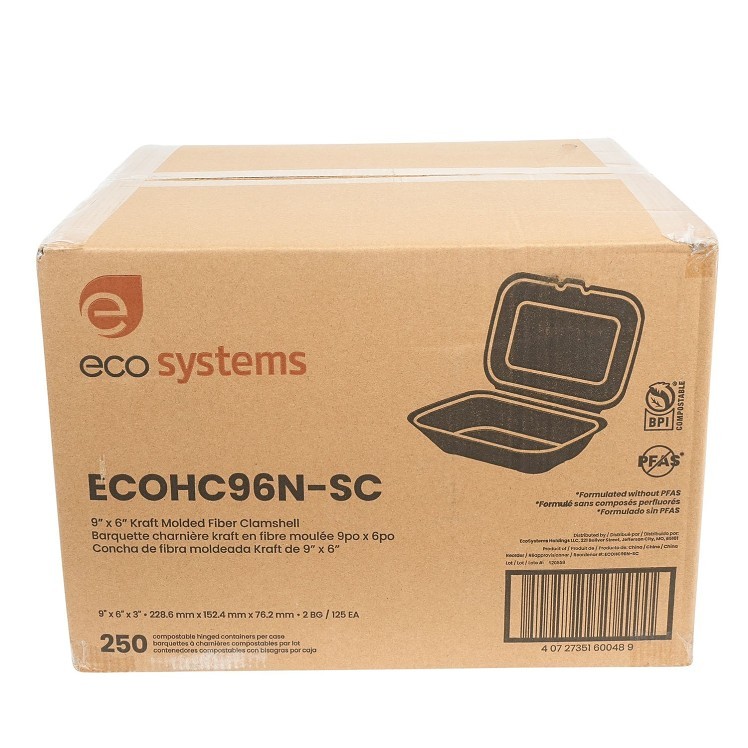 ECOSYSTEMS 9X6 1 CPMT KRAFT MOLDED FIBER HINGED CONTAINER