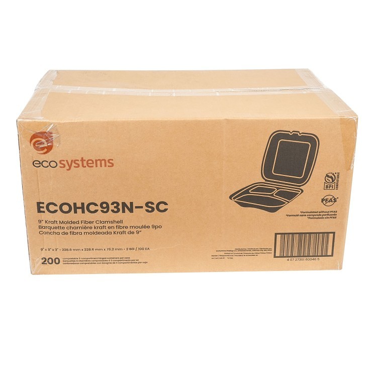 ECOSYSTEMS 9X9 3 CPMT KRAFT MOLDED FIBER HINGED CONTAINER