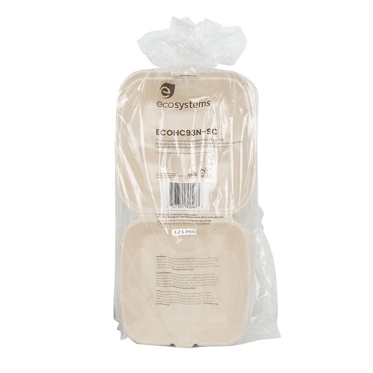 ECOSYSTEMS 9X9 3 CPMT KRAFT MOLDED FIBER HINGED CONTAINER