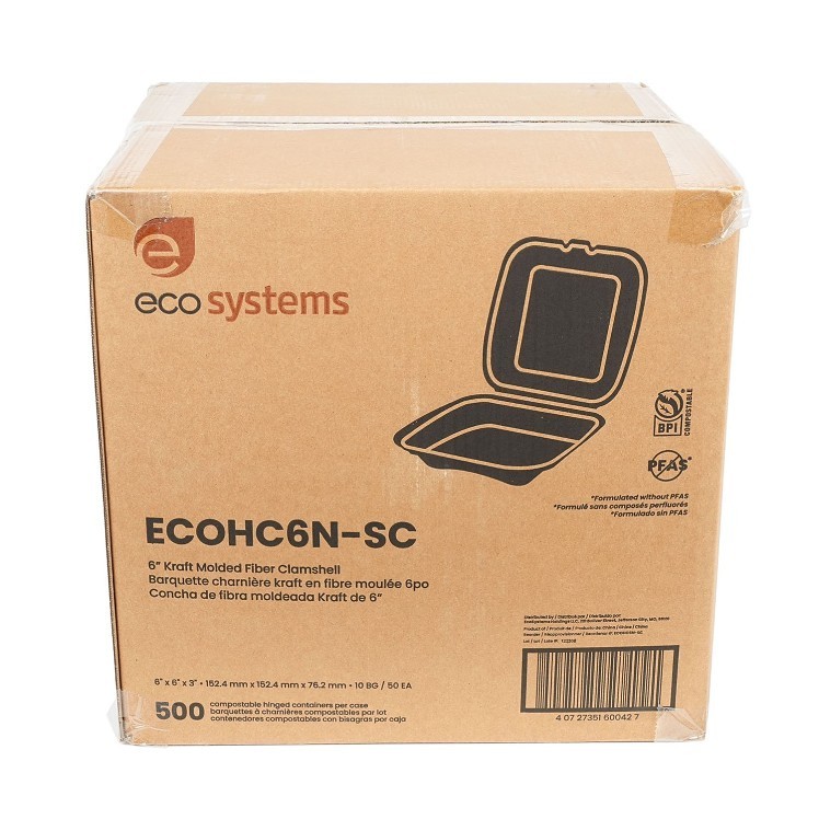 ECOSYSTEMS 6X6 1 CPMT KRAFT MOLDED FIBER HINGED CONTAINER