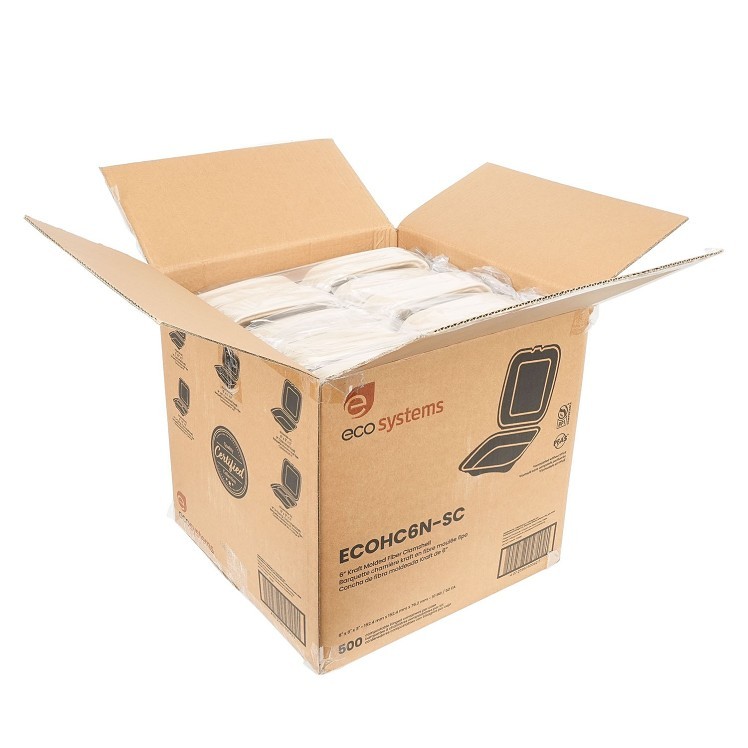 ECOSYSTEMS 6X6 1 CPMT KRAFT MOLDED FIBER HINGED CONTAINER