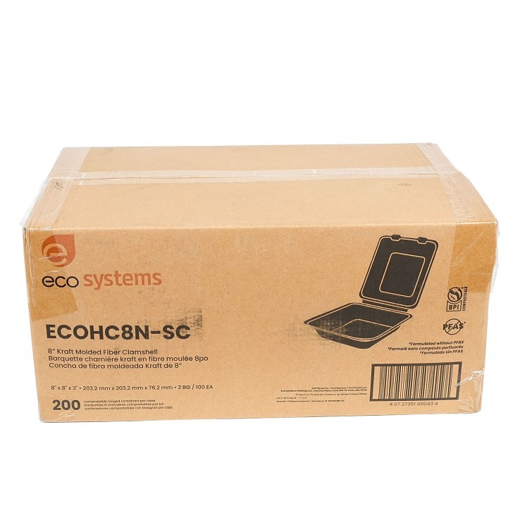 ECOSYSTEMS 8X8 1 CPMT KRAFT MOLDED FIBER HINGED CONTAINER