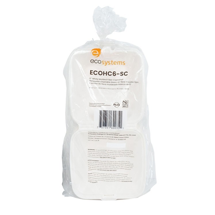 ECOSYSTEMS 6X6 1 CPMT WHITE MOLDED FIBER HINGED CONTAINER