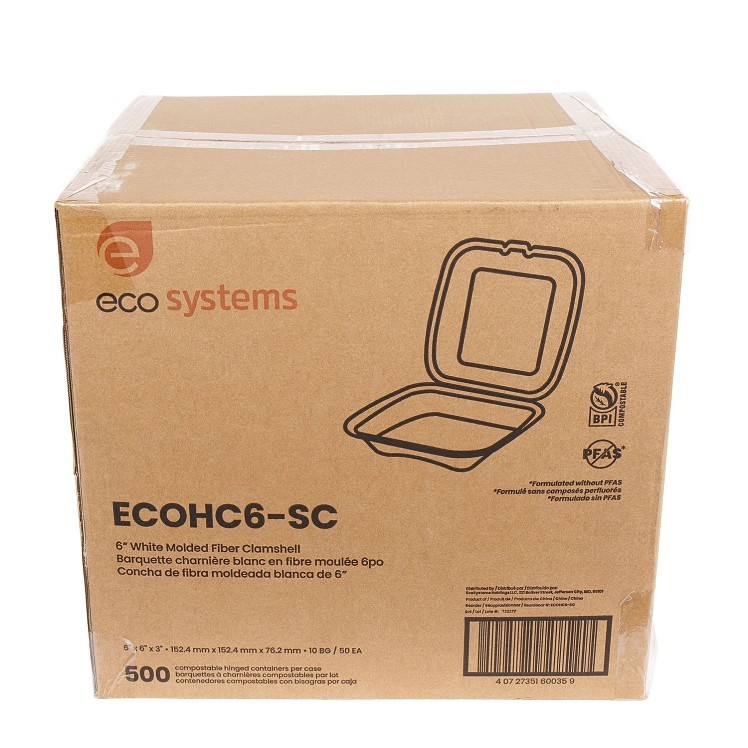 ECOSYSTEMS 6X6 1 CPMT WHITE MOLDED FIBER HINGED CONTAINER