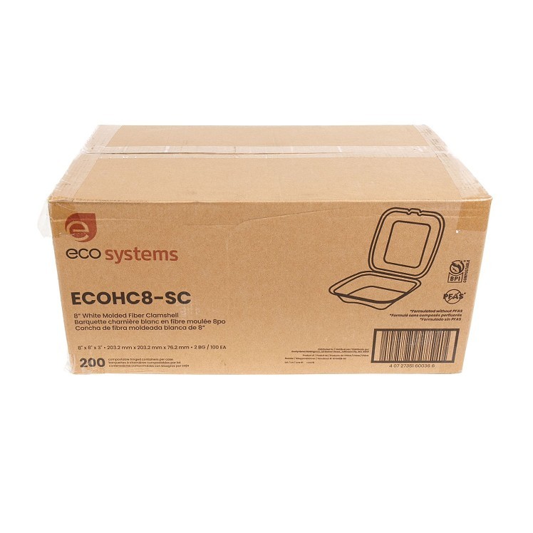 ECOSYSTEMS 8X8 1 CPMT WHITE MOLDED FIBER HINGED CONTAINER