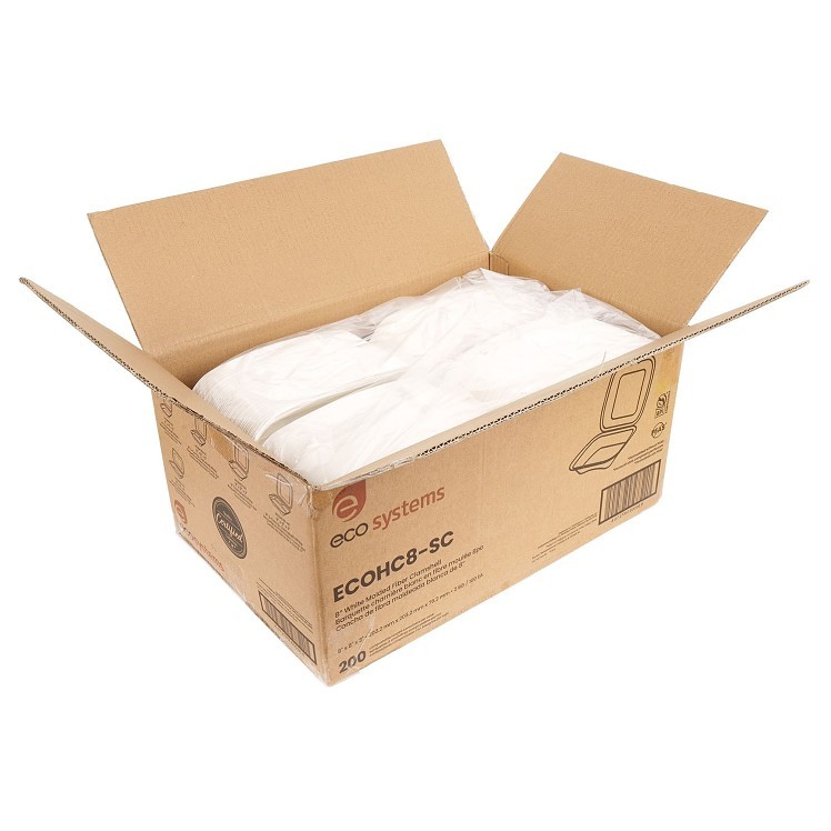ECOSYSTEMS 8X8 1 CPMT WHITE MOLDED FIBER HINGED CONTAINER