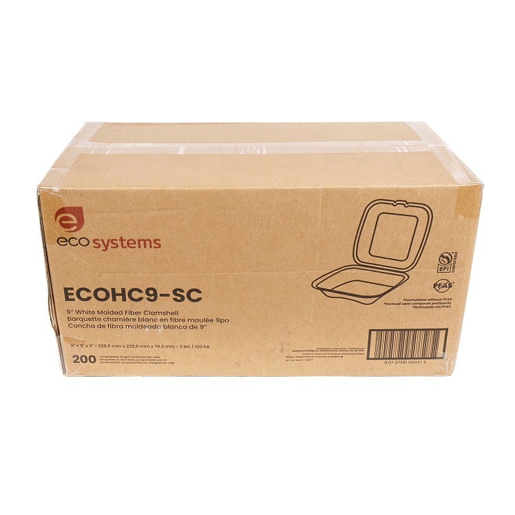 ECOSYSTEMS 9X9 1 CPMT WHITE MOLDED FIBER HINGED CONTAINER