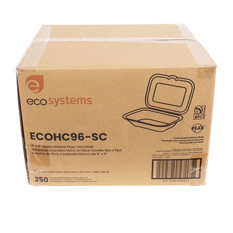 ECOSYSTEMS 9X6 1 CPMT WHITE MOLDED FIBER HINGED CONTAINER