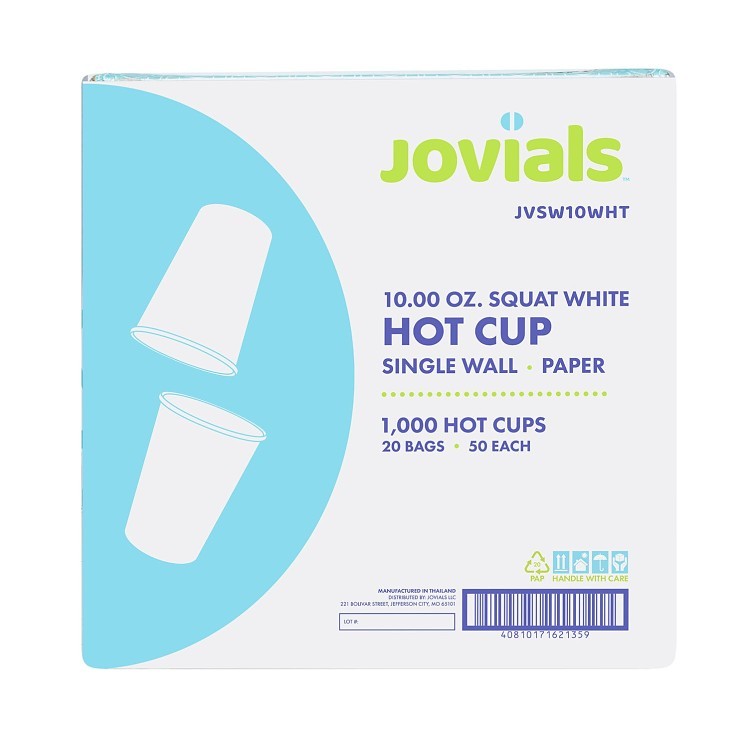 JOVIALS 10OZ SINGLE WALL SQUAT WHITE PAPER HOT CUP