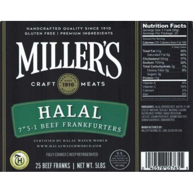 MILLER'S BEEF FRANKS 6 5/1 REF HALAL