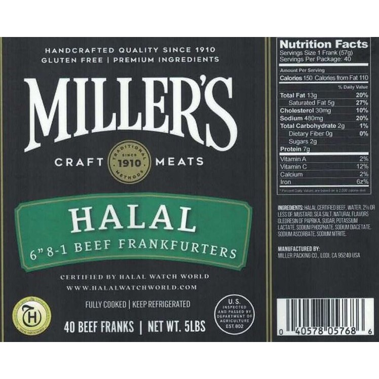 MILLER'S BEEF FRANKS 6 8/1 REF HALAL