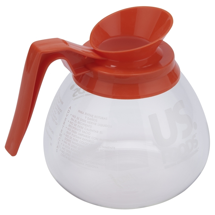 US FOODS GLASS CLEAR COFFEE DECANTER WITH ORANGE LOGO