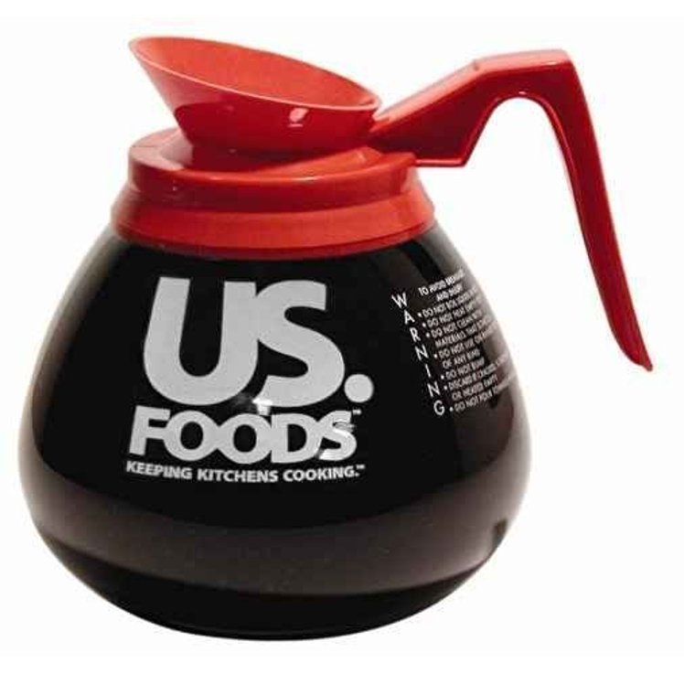 US FOODS GLASS CLEAR COFFEE DECANTER WITH ORANGE LOGO