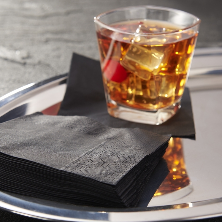 MONOGRAM 9.5 X 9.5 2 PLY BLACK BEVERAGE NAPKIN