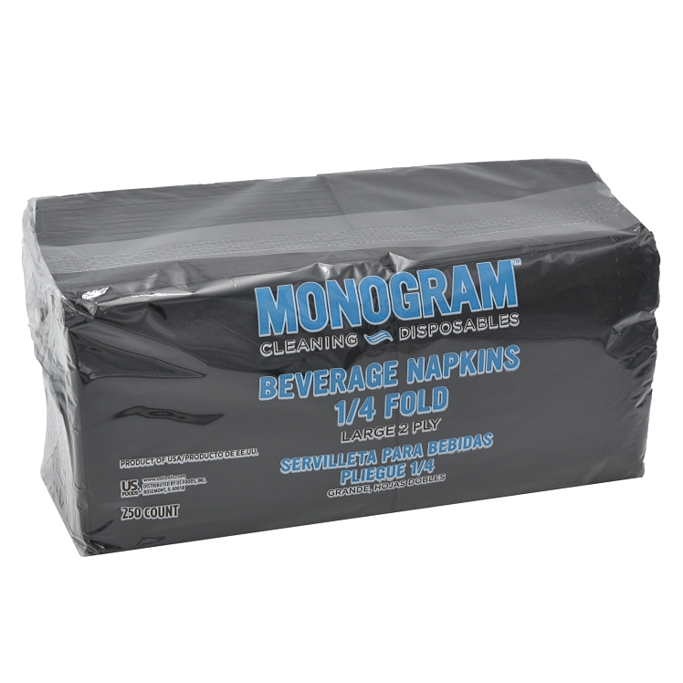MONOGRAM 9.5 X 9.5 2 PLY BLACK BEVERAGE NAPKIN