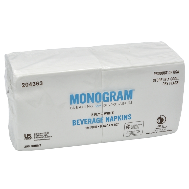 MONOGRAM NAPKIN BEVERAGE WHITE 9.5X9.5 2 PLY