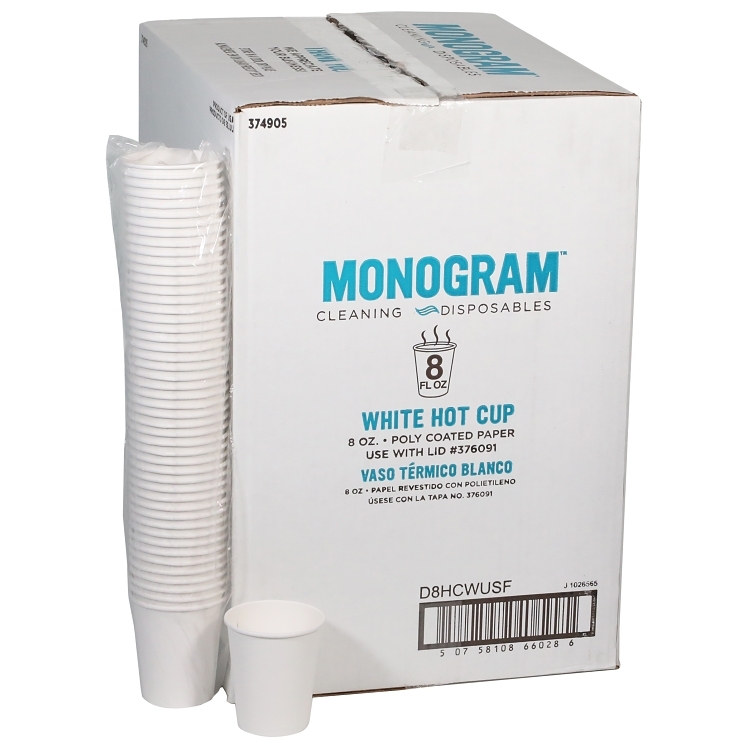 MONOGRAM CUP PAPER 8 OZ SINGLE HOT WHITE