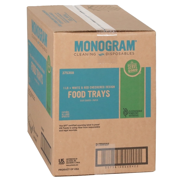 MONOGRAM PAPER FOOD TRAY 1 LB COATED WHITE AND RED CHECKERED