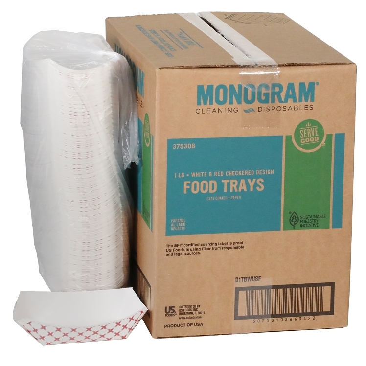 MONOGRAM PAPER FOOD TRAY 1 LB COATED WHITE AND RED CHECKERED