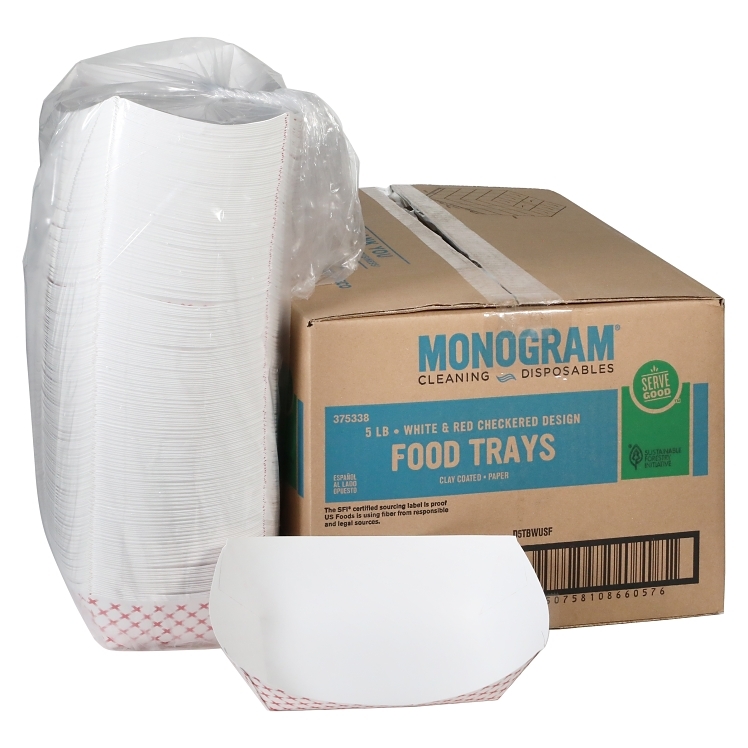 MONOGRAM 5LB COATED WHITE AND RED CHECKERED PAPER BOARD FOOD TRAY