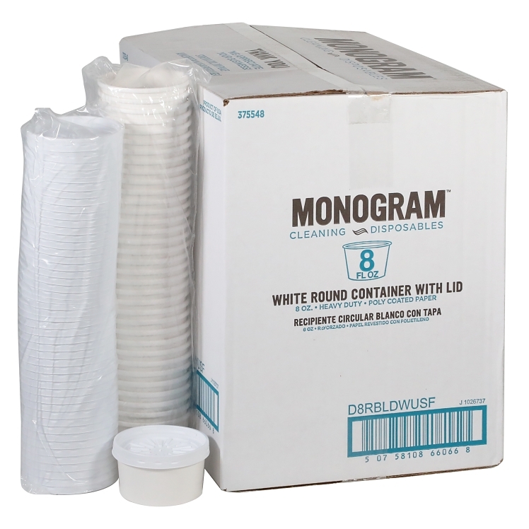 MONOGRAM 8 OZ DOUBLE POLYCOATED WHITE PAPER CONTAINER WITH LID