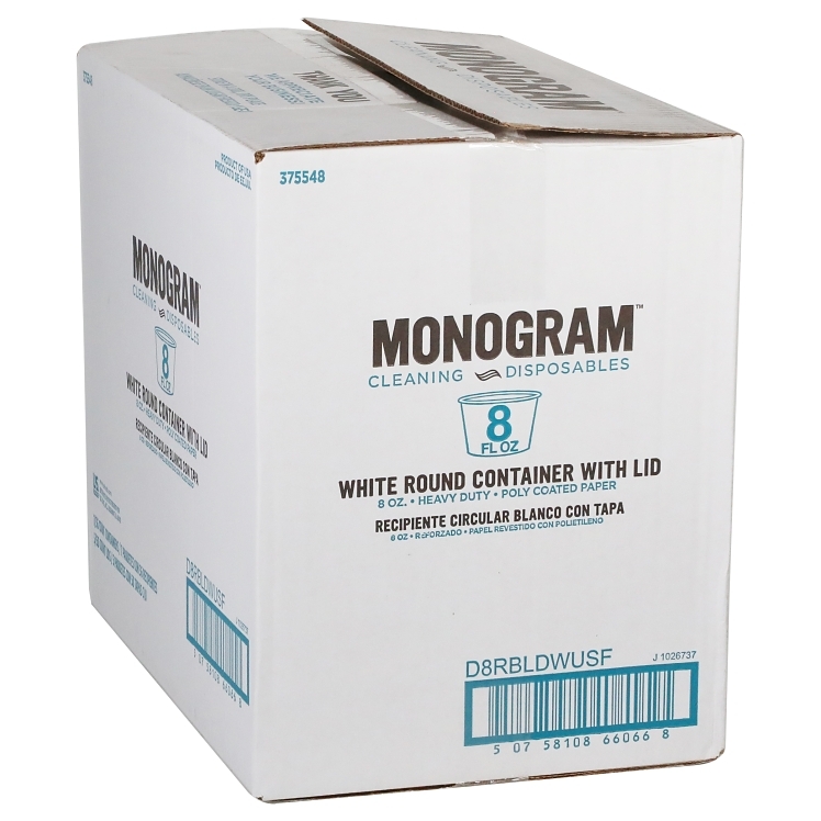 MONOGRAM 8 OZ DOUBLE POLYCOATED WHITE PAPER CONTAINER WITH LID