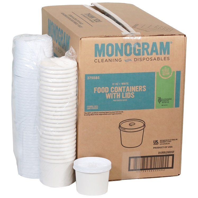 MONOGRAM 12 OZ DOUBLE POLY COATED WHITE PAPER CONTAINER WITH LID