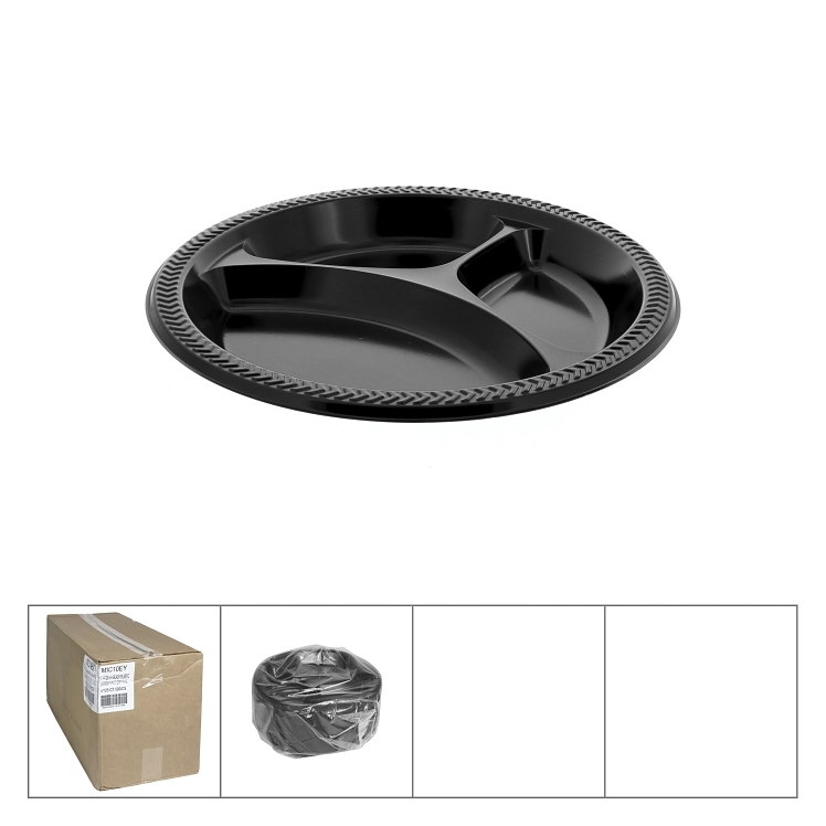 PACTIV BLACK 3 COMPARTMENT 9 INCH PLASTIC PLATE